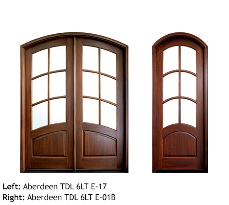 French style double and single front entry doors, Mahogany, arched top and arched bottom panels, 6 arched beveled glass panels