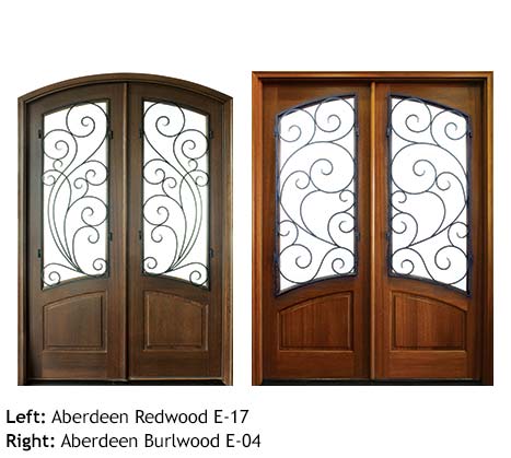 Country French style front entry doors, Redwood and Burlwood, arched and square top, arched raised wood bottom panels, clear glass panels, operable scrolled iron grill. 