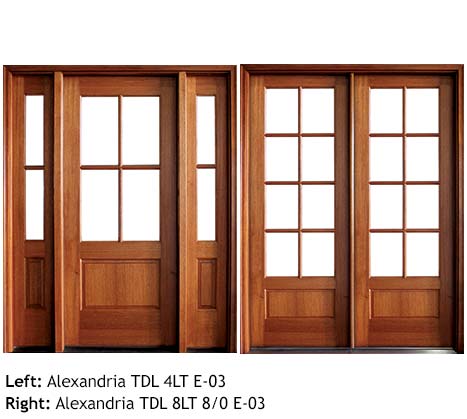 Traditional French doors square top single and double, Mahogany, 4 or 8 divided beveled glass lites, raised wood bottom panels 6/8 and 8/0, sidelights, transoms