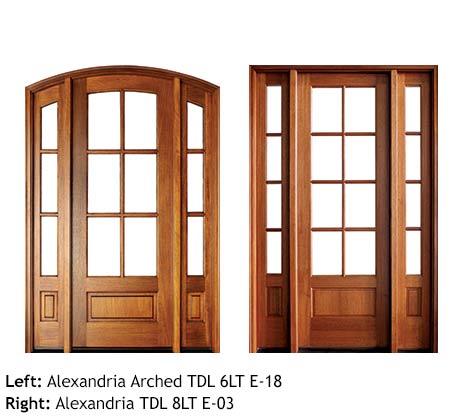 Traditional French doors square top and arched top, Mahogany, 6 or 8 divided beveled glass lites, raised wood bottom panels single doors with sidelights, transoms