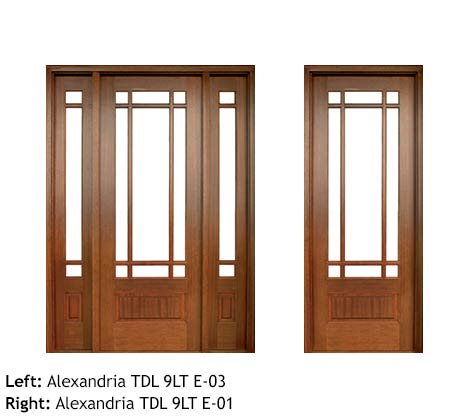 Arts and Crafts style single front doors, square top with divided lites, clear beveled glass, Mahogany raised bottom panels, sidelights