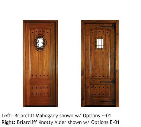 French style, single front entry doors, Mahogany or Knotty Alder, raised v-groove panels, Square top, speakeasy, iron grill, clavos, door straps