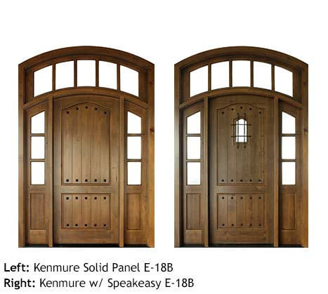 Spanish style arched top single front entry doors, Mahogany or Knotty Alder, raised v-groove wood panels, arched transom with divided glass lite panels, clavos, iron grill speakeasy, divided glass lite sidelights