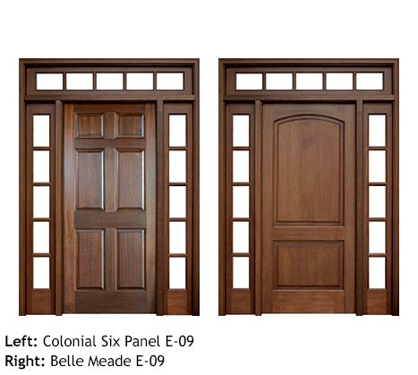 Colonial six panel and 2 panel exterior wood entry doors, with 5 lite divided sidelights and transom