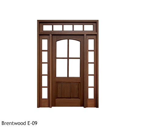 Country style square top single wood entry door, Mahogany, divided 4 beveled glass panels with wood bottom panel, 5 lite divided sidelights and transom