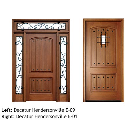 French country style square and arched top single front entry doors, Mahogany, raised v-groove wood panels, rectangular transom & sidelights with iron scroll work, clavos, iron grill speakeasy