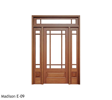 Arts and Crafts style single front door, square top with divided lites, clear beveled glass, Mahogany raised bottom panels, sidelights, transom