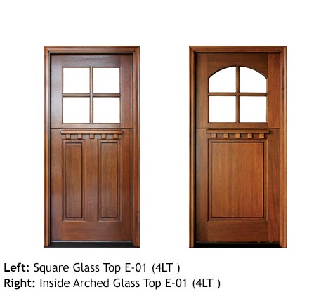 Cottage style entry doors, Mahogany square top with divided 4-lite glass top door, bottom door 1 or 2 raised panels, Craftsman style with drip cap