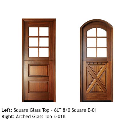 Dutch style entry doors, square and arched top divided 6-lite glass top door, bottom door 2 raised panels, cross-buck panel, Craftsman style with drip cap