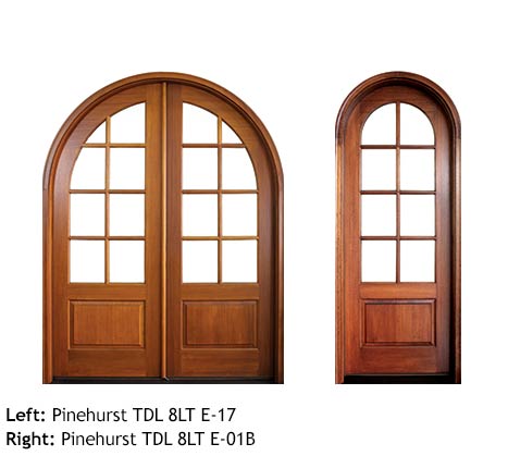 Round top French doors, mahogany, 8 divided lites, raised wood bottom panels