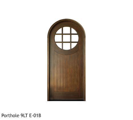Round top country style single entry door, 9 divided lite porthole, Knotty Alder or Mahogany v-grooved wood panel