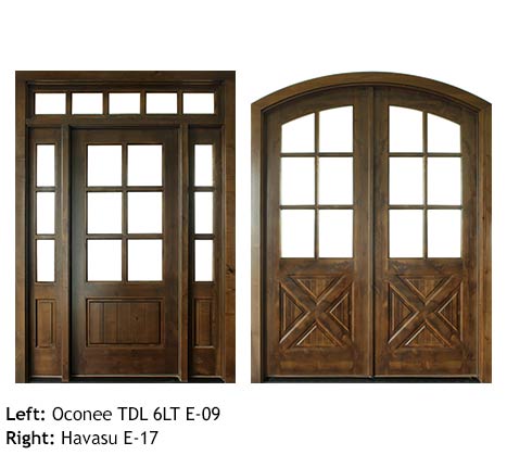 Country style Knotty Alder single and double door entries, divided Seeded Baroque glass 6 lite glass panels for door, sidelights and transom, bottom wood panels V-groove or cross-buck