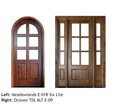 French country style, round top single mahogany door, and square top single beveled glass six lite door with sidelights, raised bottom panels.