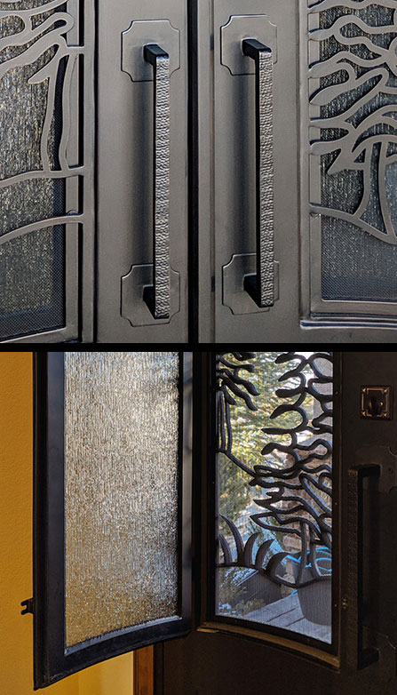 Close-up of handmade textured square iron handles, Close-up of operable window with Cotswald glass and magnetic screens