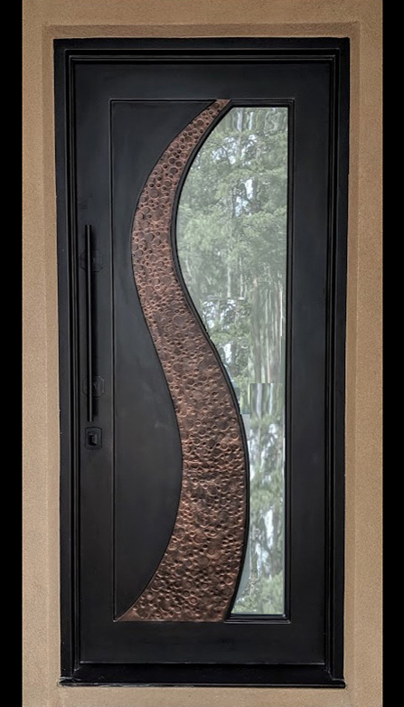 Abstract custom contemporary style single iron door entry, satin glass and hammered copper finish, Patented Thermal Break, multicolor finish