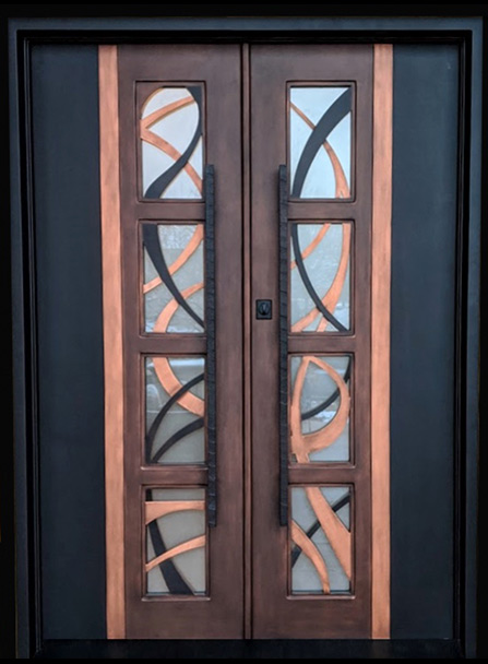 Close-up photo of modern double door iron entry with three different finish colors, satin glass and hand textured long black square handles, Patented Thermal Break