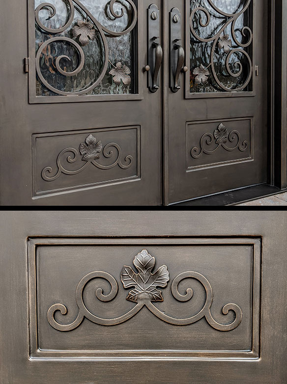 Close-up picture of adjacent iron entry showing lock-set and cast iron leaves, Close up picture of adjacent iron entry panel with scrollwork and cast iron leaves
