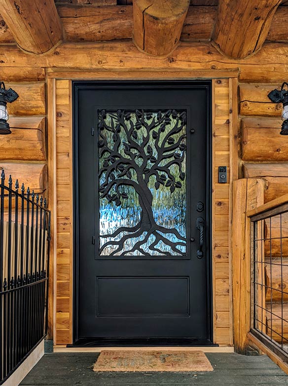 Close-up of same custom double door from entry shown from inside and one door open