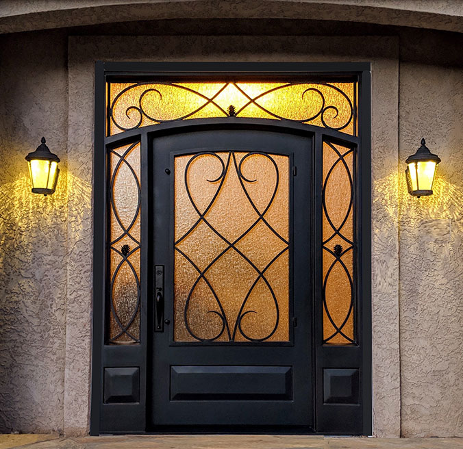 Contemporary custom iron single door entry with four glass panels with matching sidelight, Flemish glass, Patented Thermal Break, Hand Rubbed Bronze finish