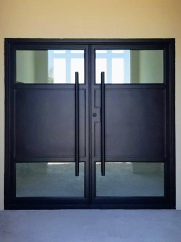 Custom design modern double iron entry with clear glass panels above and below center iron panels, long custom door pulls, Patented Thermal Break, Black finish