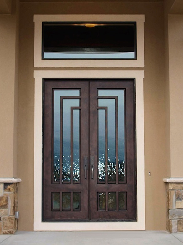 Custom double door iron entry Orion Series with separate rectangular glass transom, Clear glass, Patented Thermal Break, Antique Bronze finish