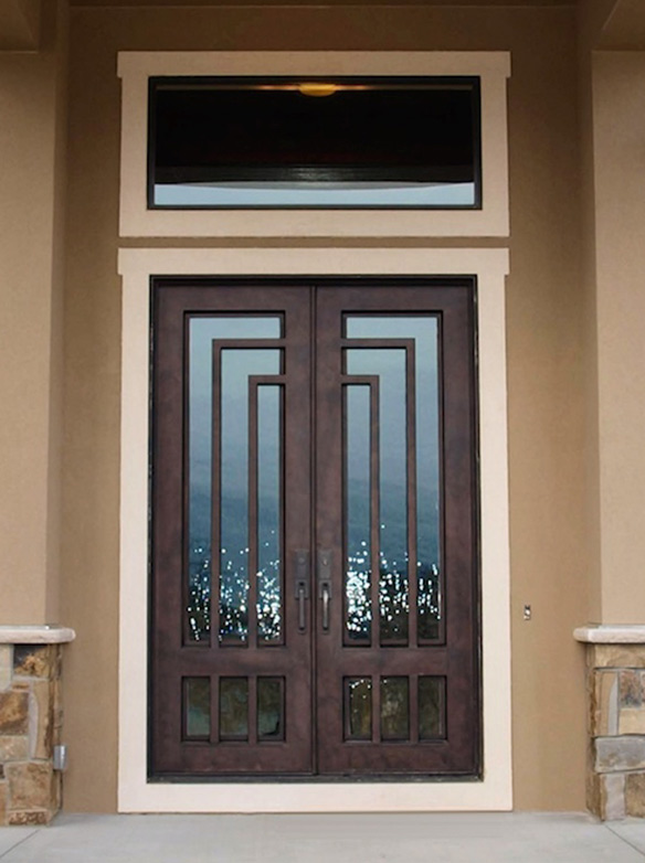 Custom double door iron entry Orion Series with separate rectangular glass transom, Clear glass, Patented Thermal Break, Antique Bronze finish
