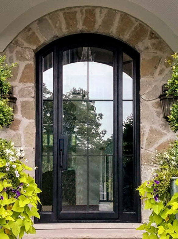 Custom design contemporary single door iron entry with arch top, 6 lite, narrow mullions, with two matching sidelights, clear glass, Black finish Patented Thermal break