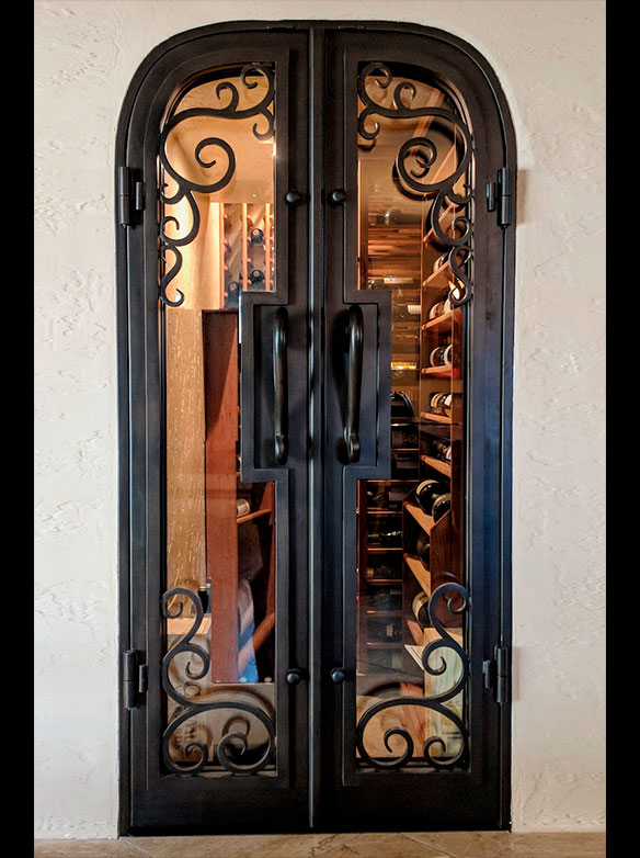 Custom design double door iron Wine Room doors, rounded corners, with beautiful custom curved handles, Clear glass, Non-Thermal Break, Hand Rubbed Bronze finish