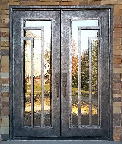 Stock double iron front door entry, Modern style, operable iron grill, Patented Thermal Break, silver patina finish, Orion collection