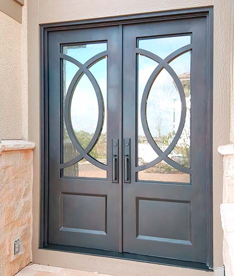 Contemporary custom double door iron entry, clear glass, square top, Patented Thermal Break, hand-rubbed bronze finish