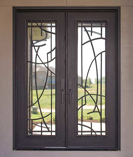 Contemporary double iron door entry, stock Cosmo Collection, clear glass, Patented Thermal Break, operable iron grill