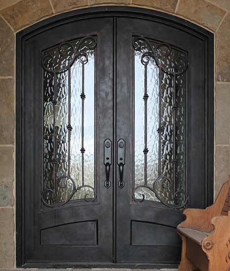 Double door Iron entry, stock design Chateau Collection, French country, Patented Thermal Break, Hand-rubbed bronze finish, operable iron grill Flemish glass