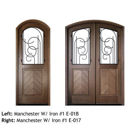 Art Deco style Mahogany arched front single and double entry doors, clear or Flemish glass, operable iron grills, herringbone wood panel