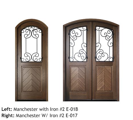 Mediterranean style Mahogany arched wood single and double entry doors, clear or Flemish glass, operable iron grills, herringbone wood panel