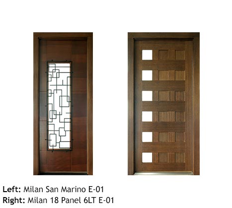Modern front doors, mahogany – beveled six glass square lites, iron grill, and 12 wood square panels