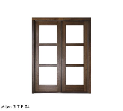 Modern double wood entry, Mahogany, 3 large square glass panels in each door