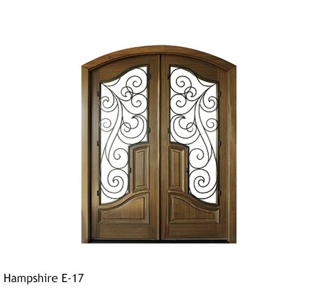 Renaissance style arched double door, mahogany, Flemish glass, operable iron scroll grill