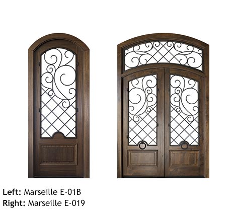 French Country style Mahogany or Knotty Alder arched wood single and double entry doors, clear glass, operable iron grills, iron door knockers, arched glass transom with iron grill