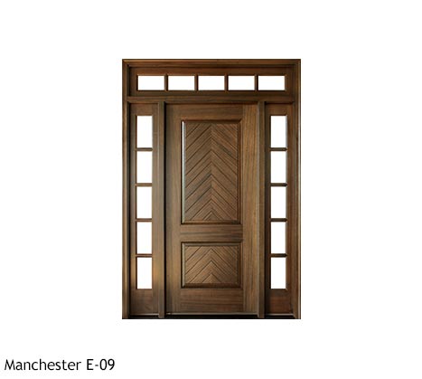 Traditional style single entry in mahogany, square top with 5 lite sidelights, transom, herringbone wood panel