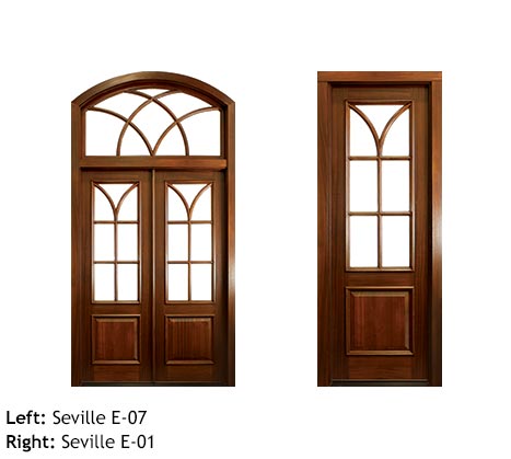Eighteenth Century style double and single doors, wood traditional entry in Mahogany, arched beveled 7 glass lites, raised wood panel, arched transom with eight beveled glass lites