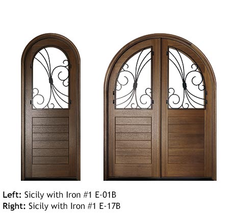 Orleans style round top Mahogany single and double front entry doors, v-grooved planked bottom panels, glass upper panels with swirled scrolled iron grills
