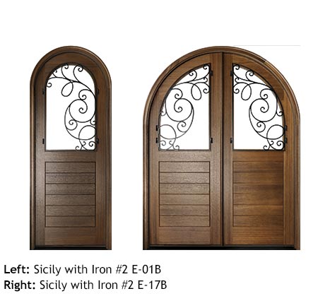 Southern style round top Mahogany single and double front entry doors, v-grooved planked bottom panels, glass upper panels with swirled scrolled iron grills