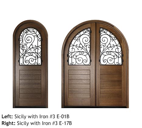 Italian style round top Mahogany single and double front entry doors, v-grooved planked bottom panels, glass upper panels with swirled scrolled iron grills