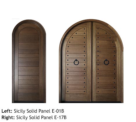 Spanish style single and double entry round top doors, Mahogany solid v-grooved planked panels, iron door knocker, clavos
