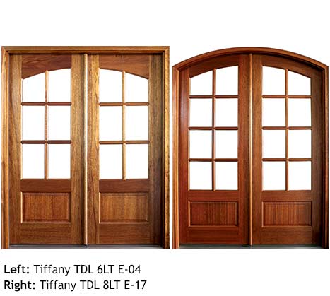 Traditional French doors square top and arched top, Mahogany, 6 or 8 divided beveled glass lites, raised wood bottom panels