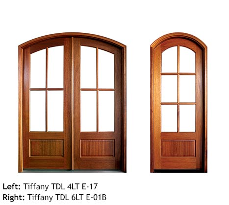 Traditional French doors arched top, Mahogany, 4 or 6 divided beveled glass lites, raised wood bottom panels