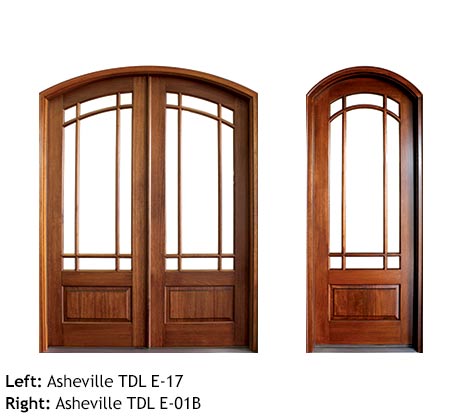 Craftsman style arched double and single entry doors, Mahogany, 9 divided lite glass panels, raised bottom panels