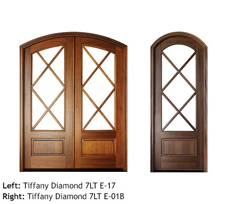 Tudor style arched top single and double entry doors, diamond shaped divided glass panels, mahogany, bottom raised wood panels