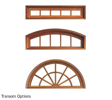 Three different segmented lite transom options; round top, arch top, rectangular, in Knotty Alder or Mahogany