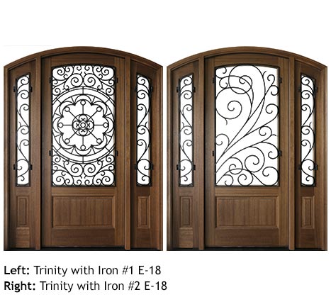 Traditional style Mahogany arched top single entry doors with glass sidelights, scrolled iron grills 